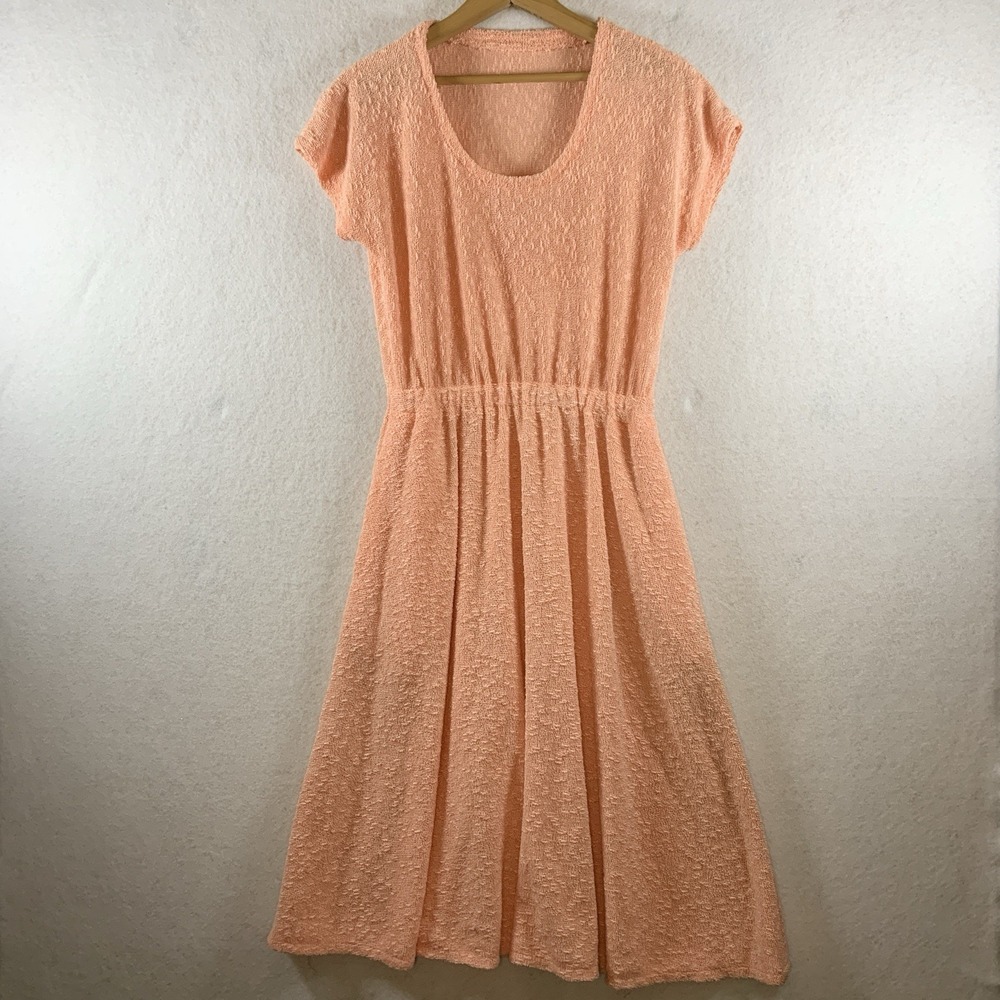 VTG Textured Knit Midi Dress Sz XS/S Peach Retro Preppy Picnic Cottage Pockets
